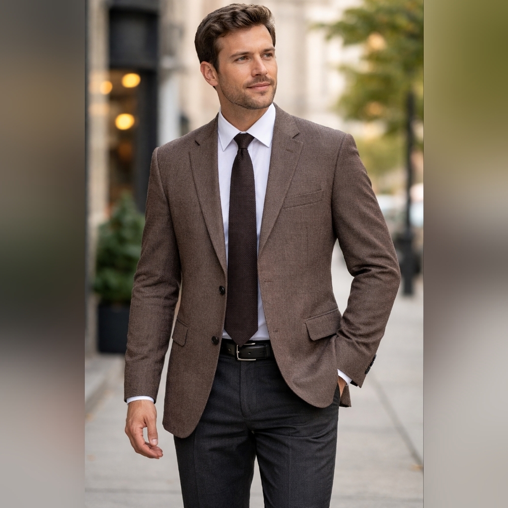 Men's Classic Brown Herringbone Sport Coat - Tailored Two-Button Blazer Size 41R